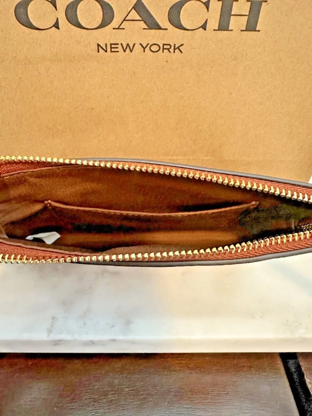 Coach Ashton Wristlet Cinnamon Glazed Shiny Crinkle Leather NWT w/ Paper Bag